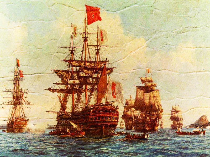 Embarcações representando a vinda da Corte Portuguesa para a América, no século XIX.